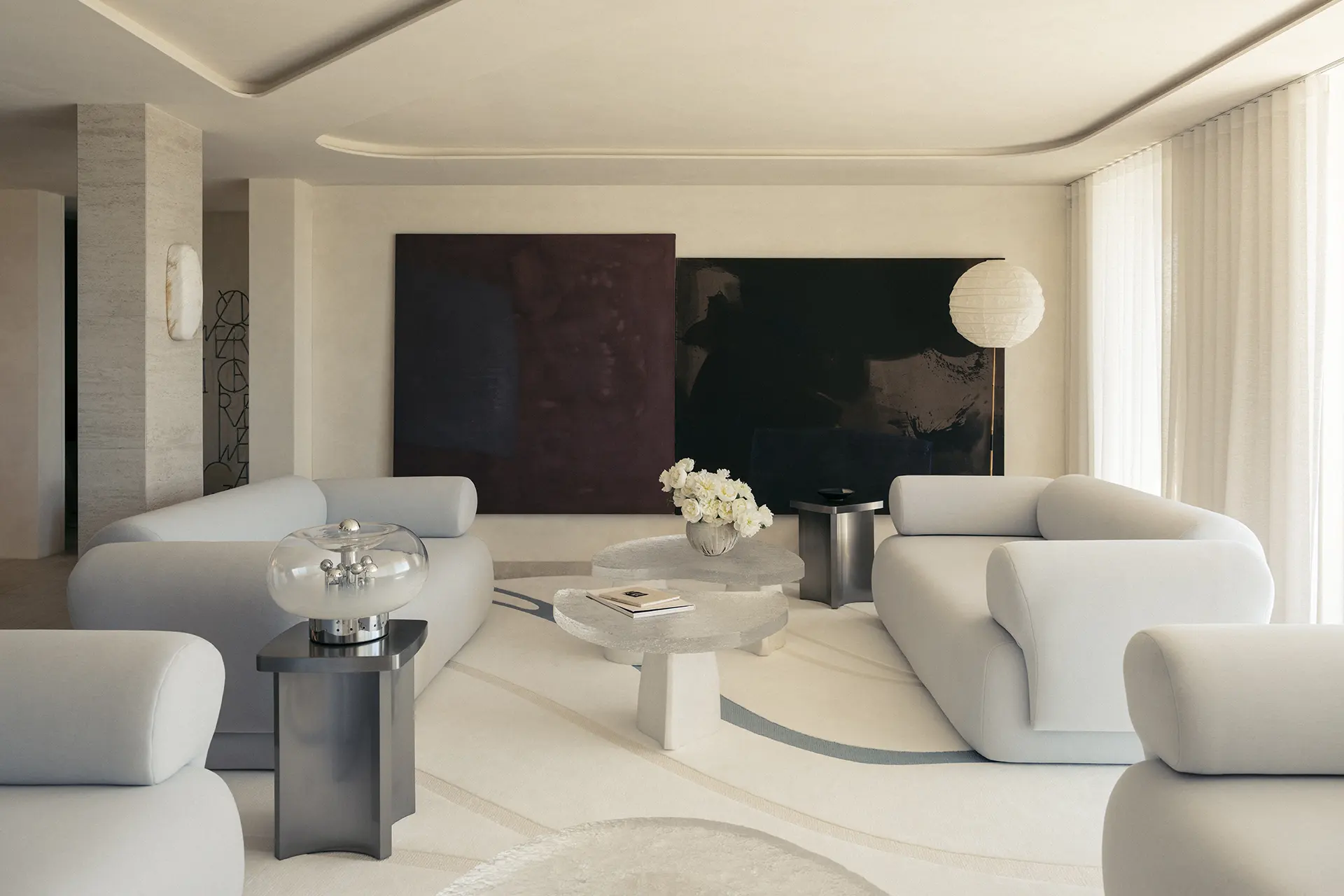 Nina_Maya_FAIRFAX-270 Living space with curved seating arrangement and soft natural light, design by Nina Maya Interiors