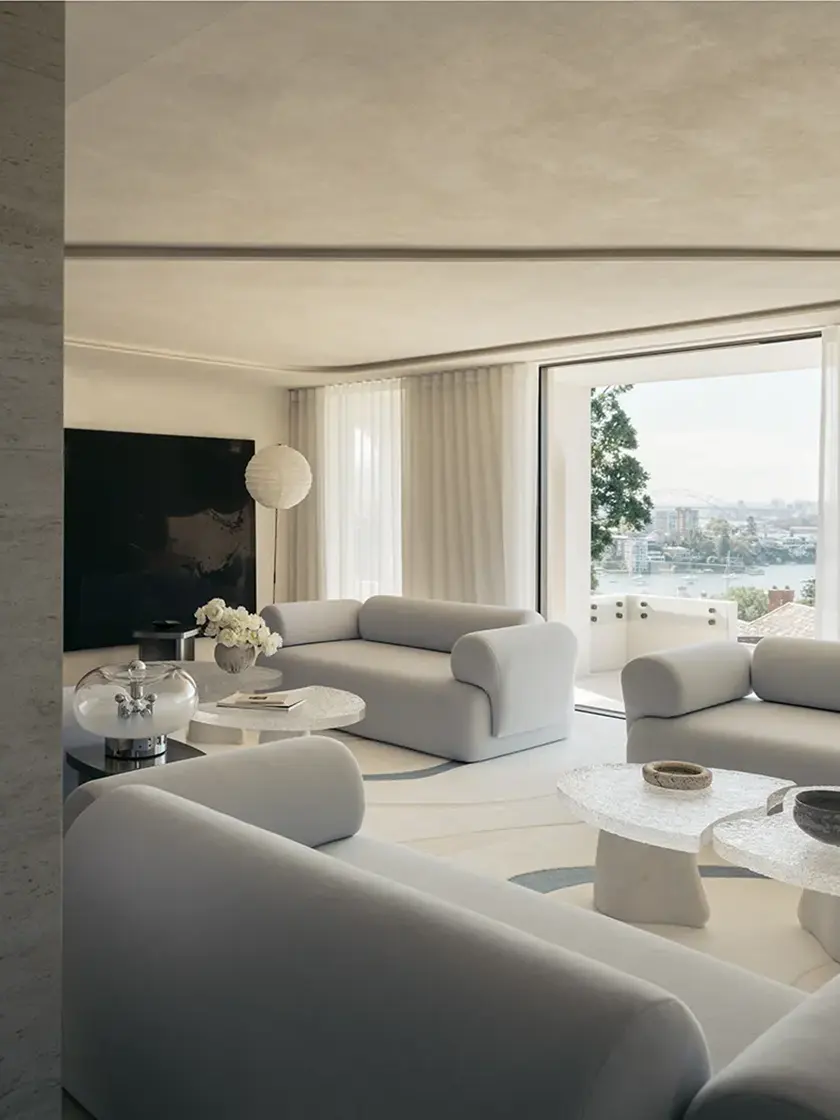 Nina_Maya_FAIRFAX-283 iving area with sofa seating opening towards full-height glazing, design by Nina Maya Interiors