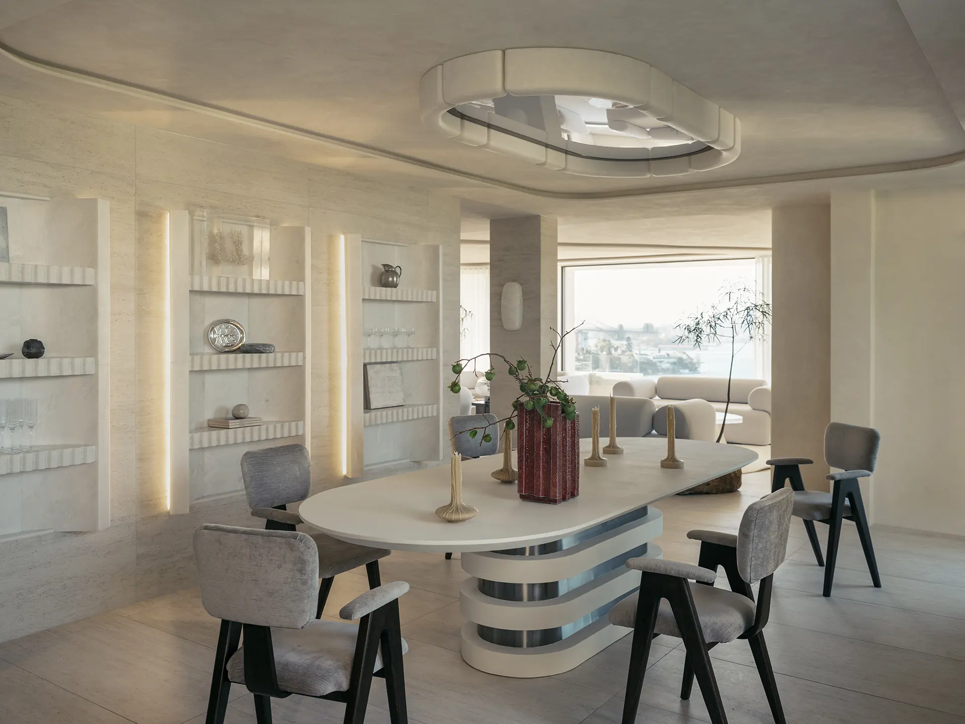 Nina Maya Interiors_FAIRFAX-349-Edit Open-plan dining and living area with sculptural ceiling, stone finishes, and soft natural light